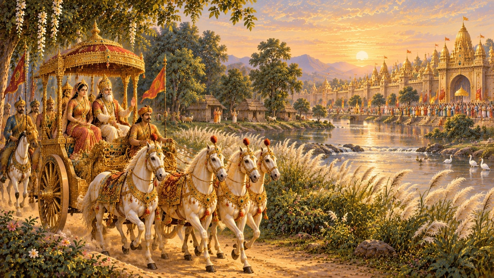 Manu and his queen journeying home along the river Sarasvati toward the city of Barhismati