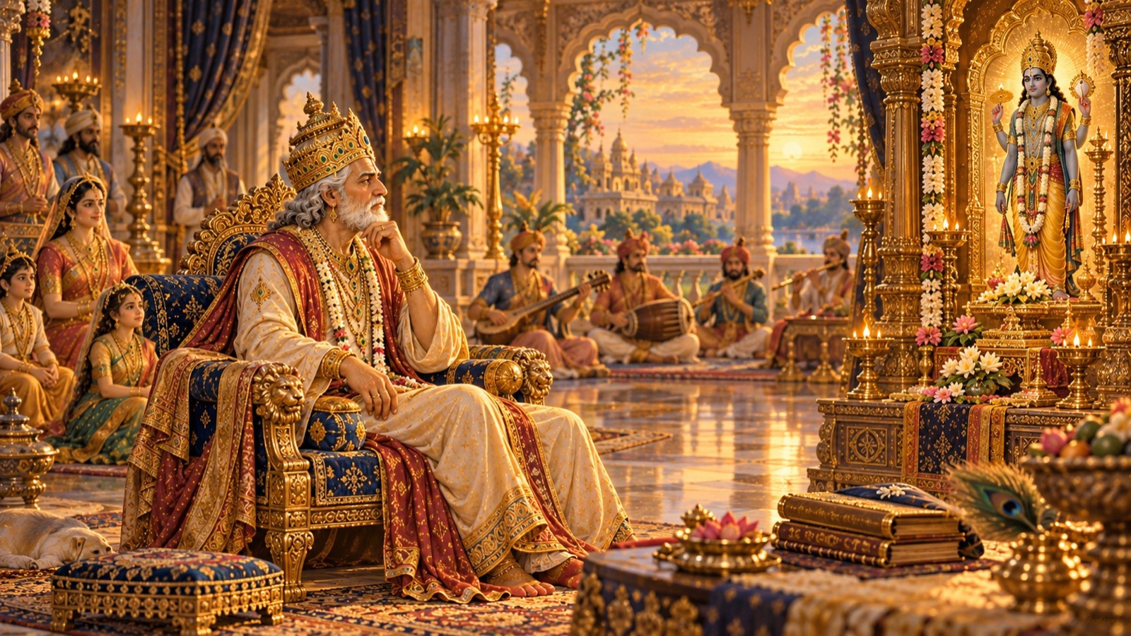 Manu living a long, devoted life in his palace at Barhismati, absorbed in the stories of Lord Vasudeva