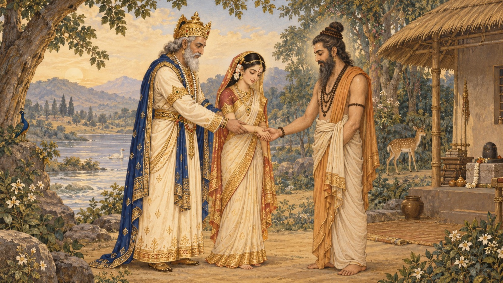 Emperor Manu giving his daughter Devahuti's hand in marriage to the sage Kardama at his forest hermitage