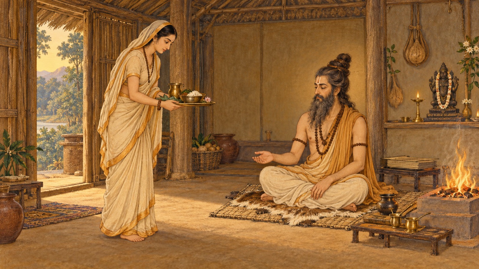 After her parents depart for their own kingdom, Devahuti settles into years of quiet, devoted service to her husband Kardama, serving him with the same loving care that Parvati shows Lord Siva — devotion so complete that it visibly wears upon her own body