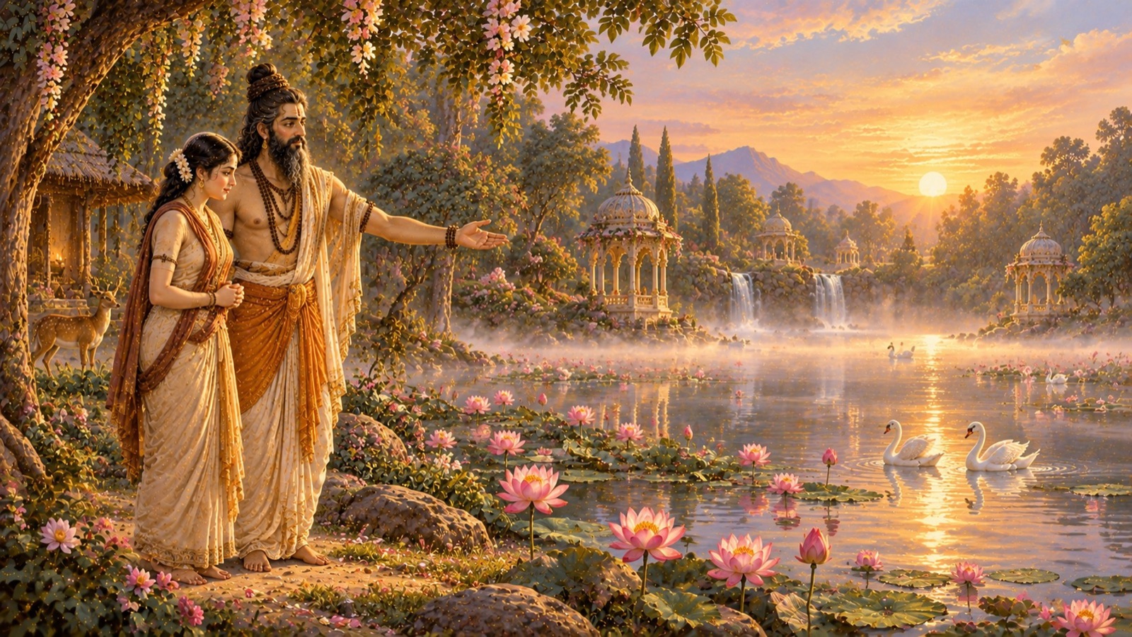 Reading the quiet longing still unsatisfied in his wife's heart, Kardama gently directs Devahuti to a nearby lake consecrated by Lord Vishnu's own tears