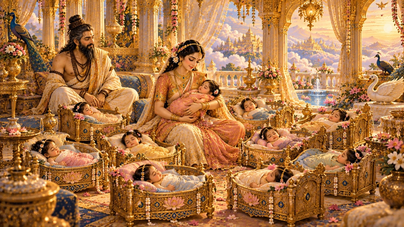 Fulfilling his wife's long-held desire for union through his own yogic power, Kardama's devotion to Devahuti bears fruit in nine daughters, born together on the same day