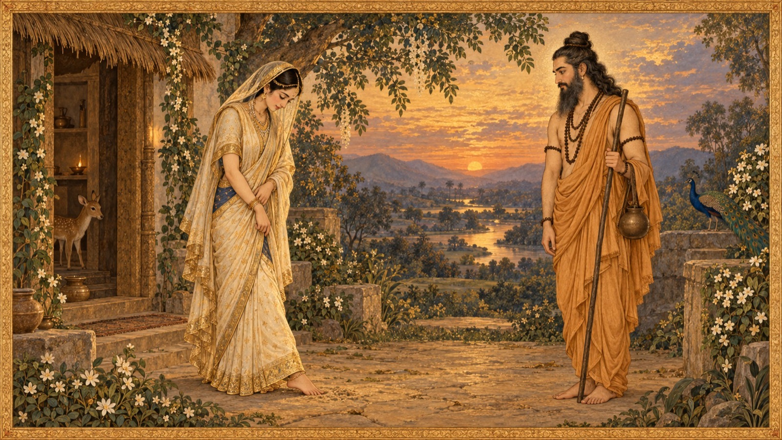 As Kardama prepares to leave for the forest life as agreed at their marriage, Devahuti, her heart aching yet her face still composed, appeals to him for protection from fear
