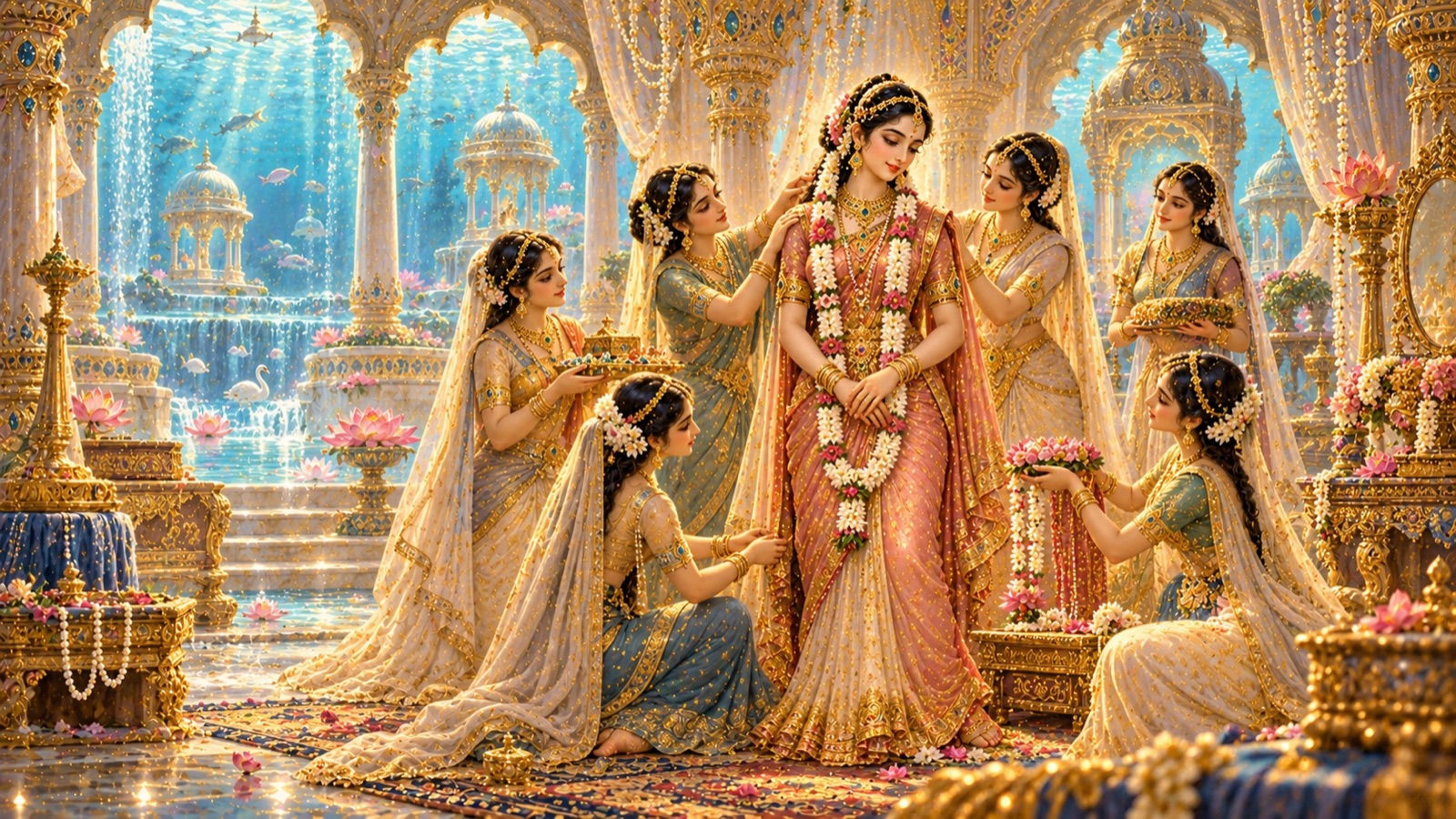 पावन सरोवर के भीतर, एक सहस्र दिव्य कन्याएँ देवहूति को ग्रहण करती हैं तथा उसे पुनर्स्थापित करती हैं