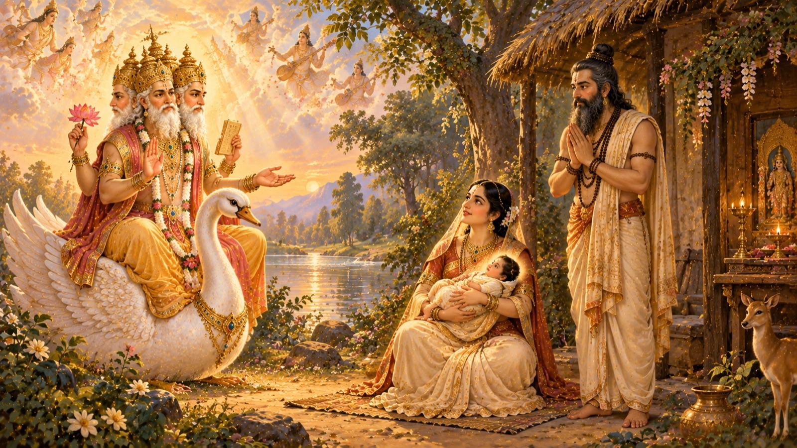 Brahma revealing to Devahuti that her newborn child is Lord Vishnu Himself, come to be known as Kapila