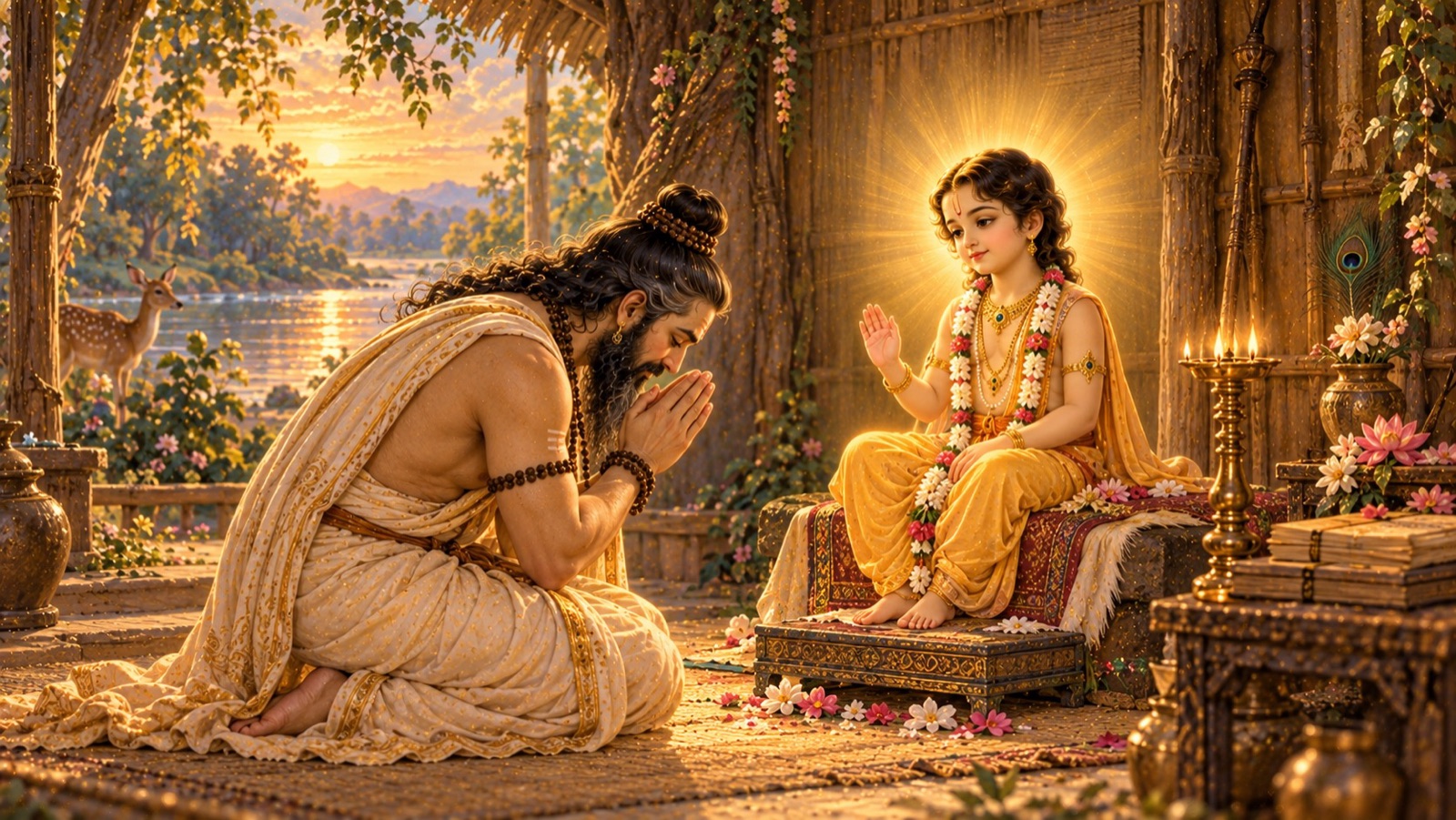 Kardama bowing in a hymn of wonder and surrender before his own infant son, recognized as the Supreme Lord