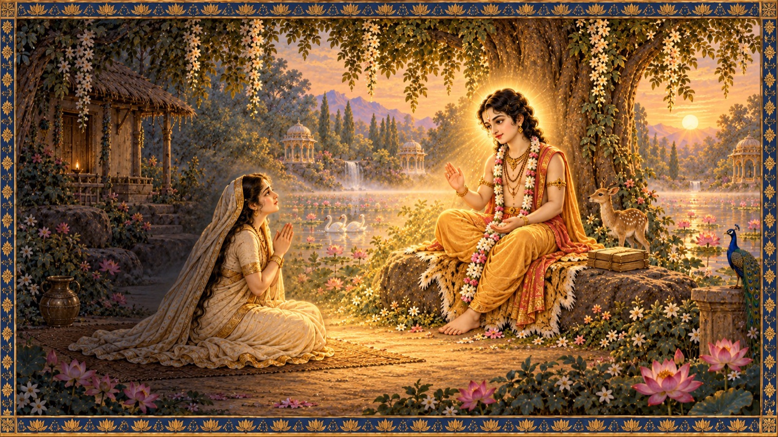Devahuti confessing her weariness with the cravings of the senses and the ignorance they have bred, to her son Lord Kapila