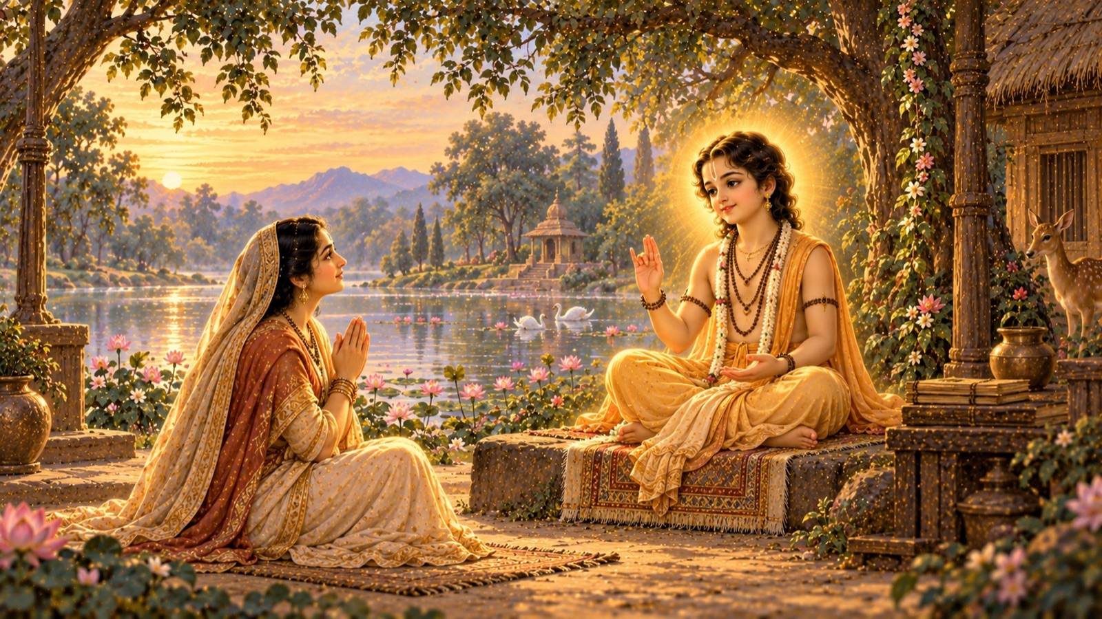 Lord Kapila, smiling gently, beginning His discourse to Devahuti on Yoga and Devotion