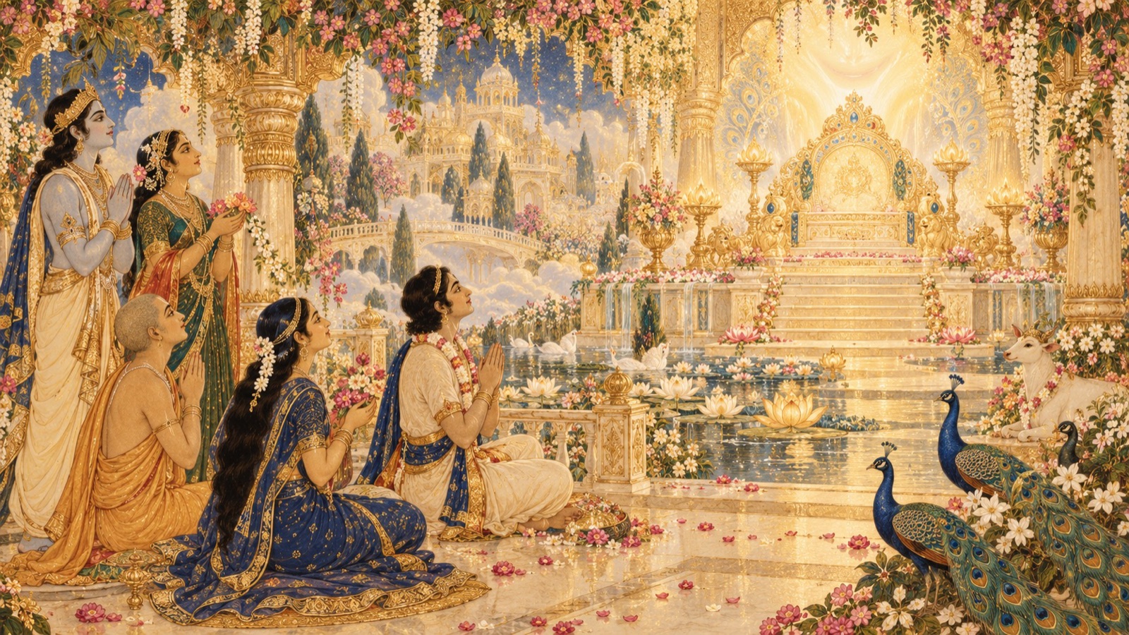 Devotees who desire nothing for themselves beholding the Lord's smiling, divine form in Vaikuntha