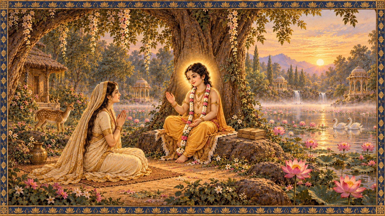 Alone with His mother on the strand of Bindusarovara, the Lord Kapila — the birthless Narayana, born of His own free will through Kardama and Devahuti — begins, with a gentle smile, the discourse the world would come to know as the Kapila-Gita