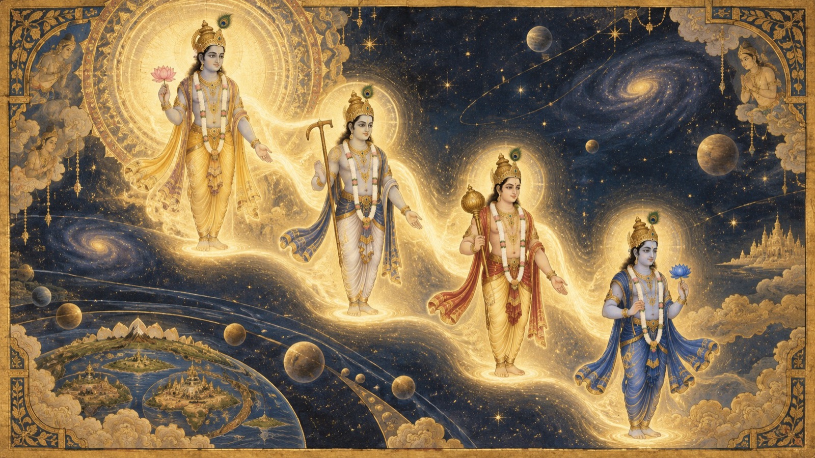 The threefold Ahankara and the mind and Buddhi arising from it, each identified with one of the Lord's four eternal forms