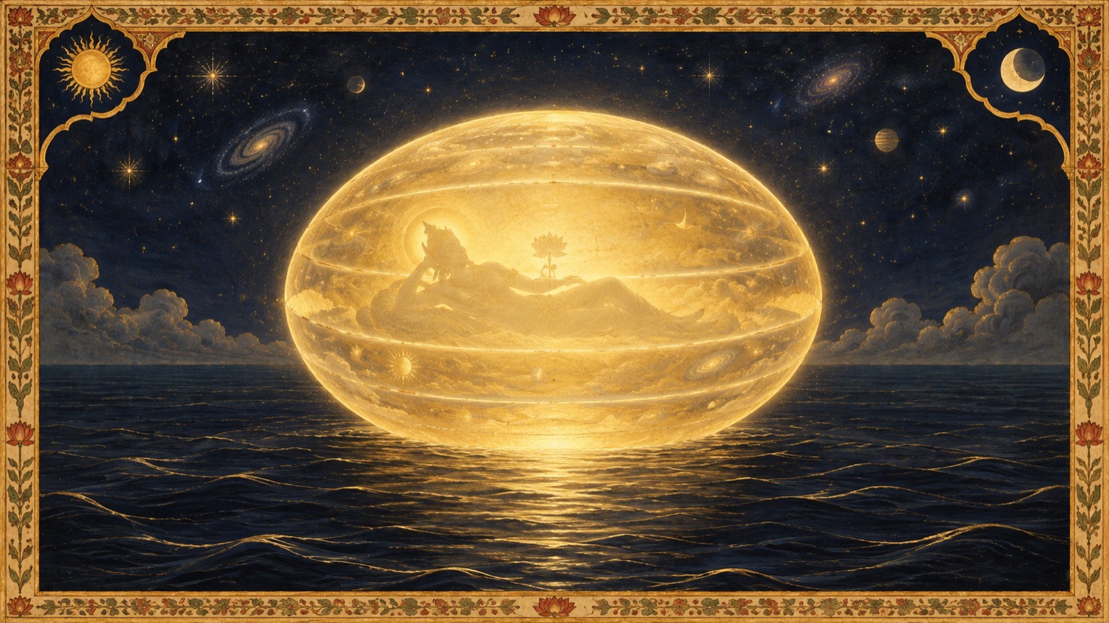 The cosmic egg forming from the seven united principles and the vast Cosmic Being arising with His organs manifesting one by one