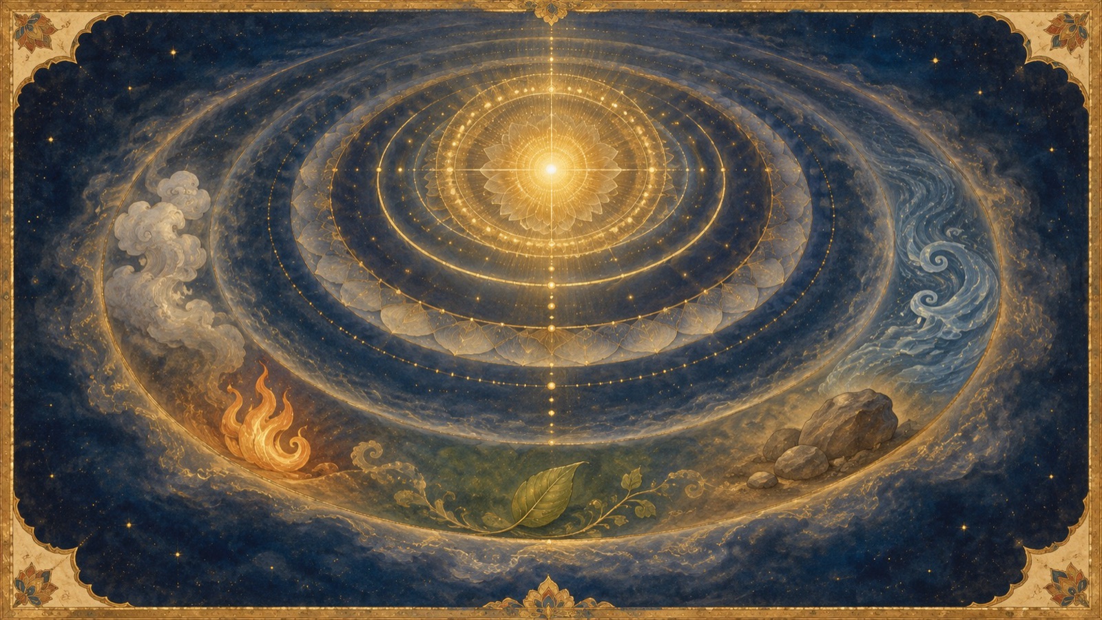 From the union of Purusa and Prakrti springs the Mahat-tattva, luminous and vast — the first principle of cosmic intelligence from which mind, ego, the elements, and every sense unfold in ordered sequence, until at last the Cosmic Being Himself rises from the causal waters