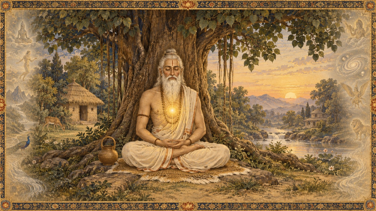 An accomplished yogi seated in deep meditation, gently unmoved by faintly suggested miraculous powers around him, his gaze fixed instead on the inner light of the immortal state