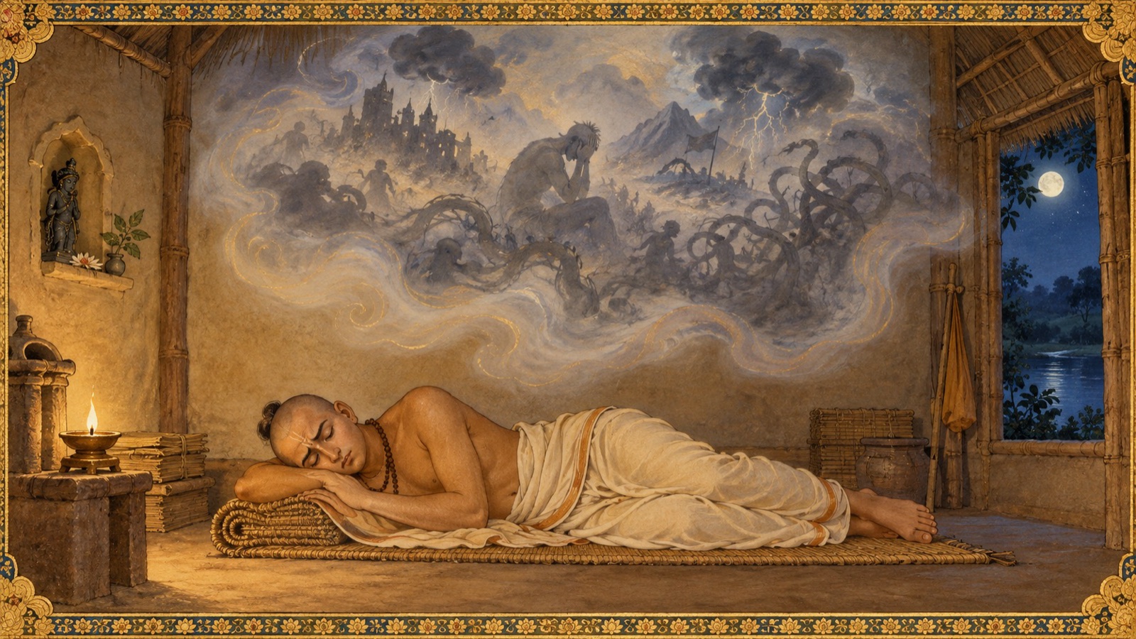 जिस प्रकार सोया हुआ व्यक्ति एक ऐसे शोक से विचलित होकर जागता है जिसका कोई वास्तविक कारण नहीं था, उसी प्रकार इन्द्रिय-विषयों में लीन आत्मा एक ऐसे बन्धन का दुःख भोगती है जो वास्तविक नहीं था