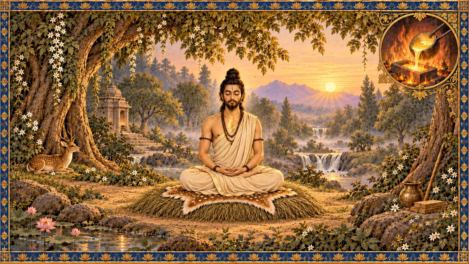 A striver seated erect on a seat of Kusa grass practising breath control, the mind purified like gold in fire