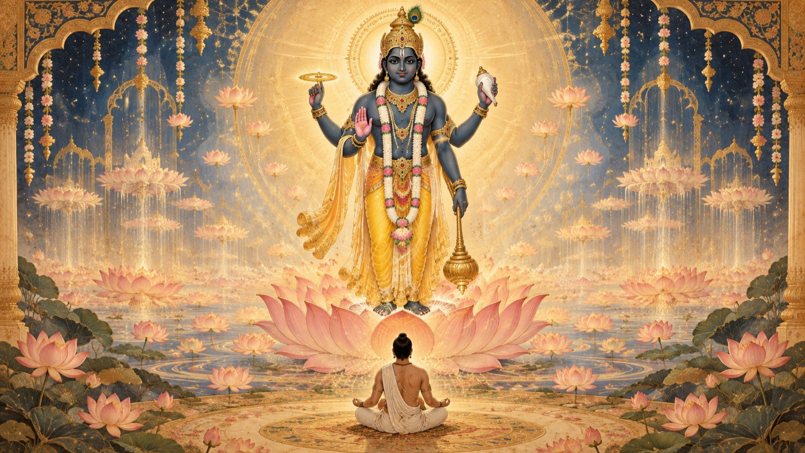The devotee meditating on the integral form of the Lord standing on the lotus of the devotee's heart