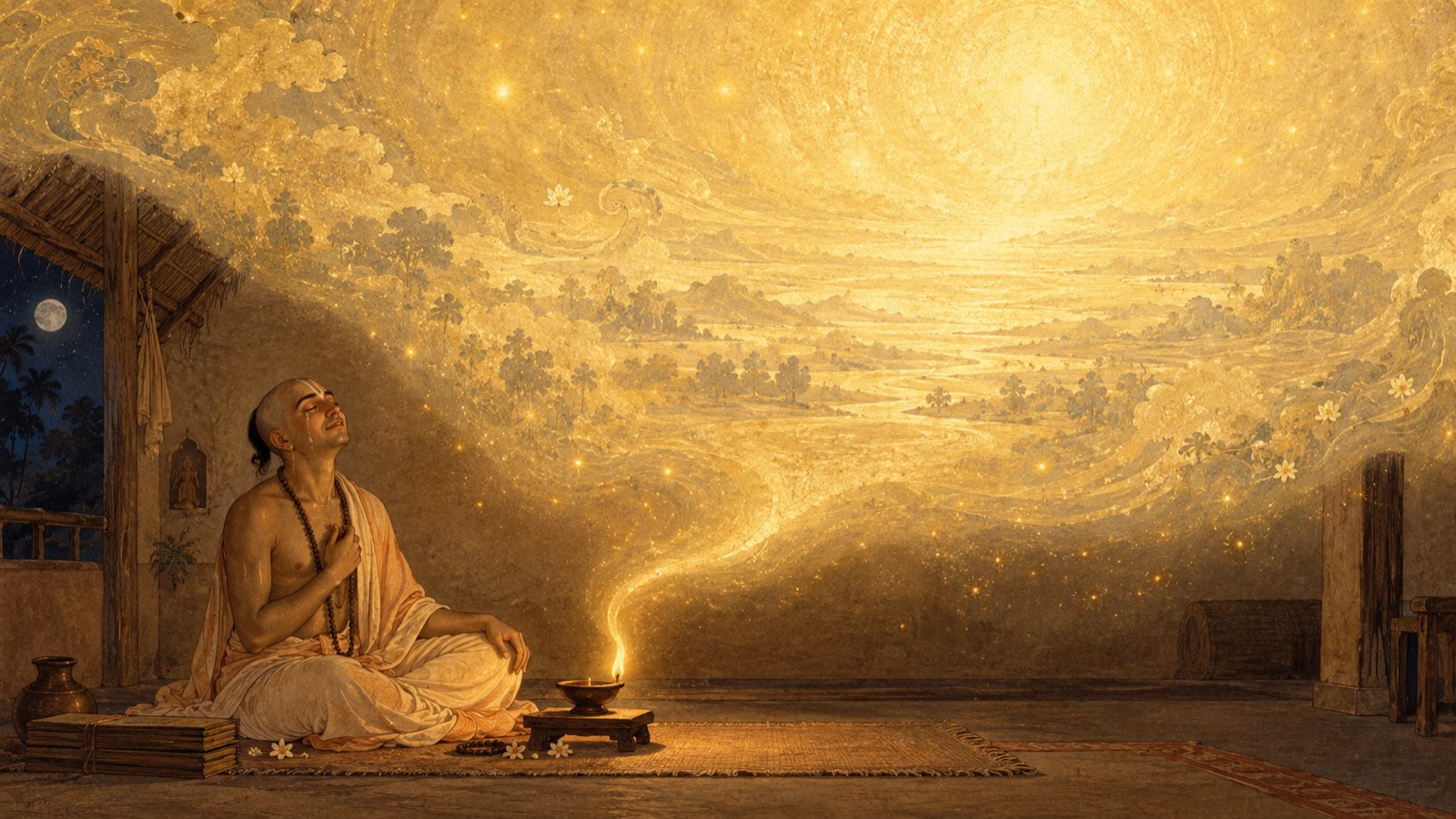 The devotee's mind dissolving like the flame of a lamp going out, revealing the undivided Absolute