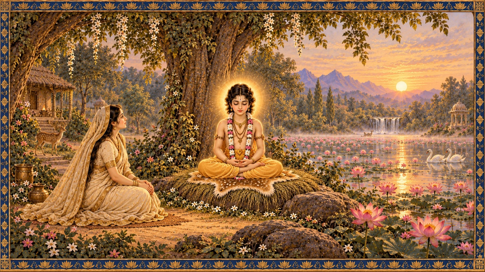 Seated in stillness beside His mother, gaze fixed and unwavering, Lord Kapila begins to unfold the eightfold path of Yoga — a discipline that starts with a controlled breath and a steady seat, and ends with the mind itself dissolving, like a lamp's flame going out, into the one undivided Self