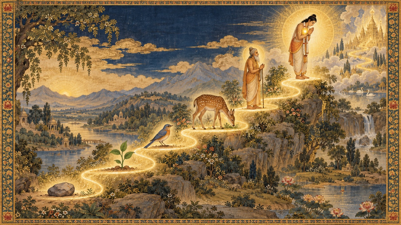 A graded hierarchy of life from inanimate matter through plants, animals, humans, and culminating in the pure devotee