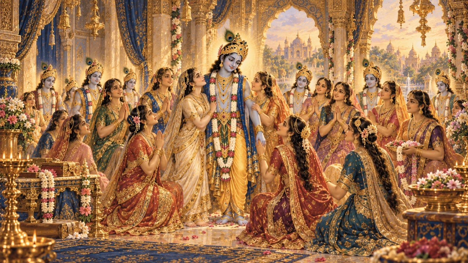 राक्षस नरक के महल से मुक्त सोलह हज़ार राजकुमारियाँ हर्षपूर्वक भगवान् को अपने पति के रूप में स्वीकार करती हैं