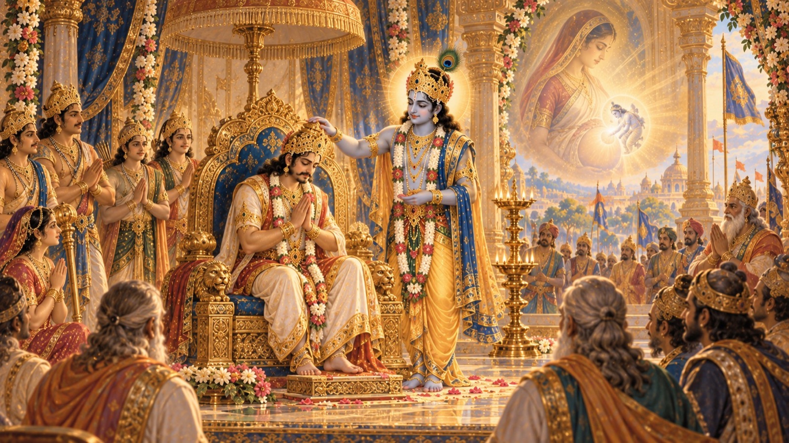 राजा युधिष्ठिर को उनके पैतृक सिंहासन पर स्थापित किया जा रहा है जबकि भगवान् द्वारका में अपने जीवन में स्थिर हो रहे हैं