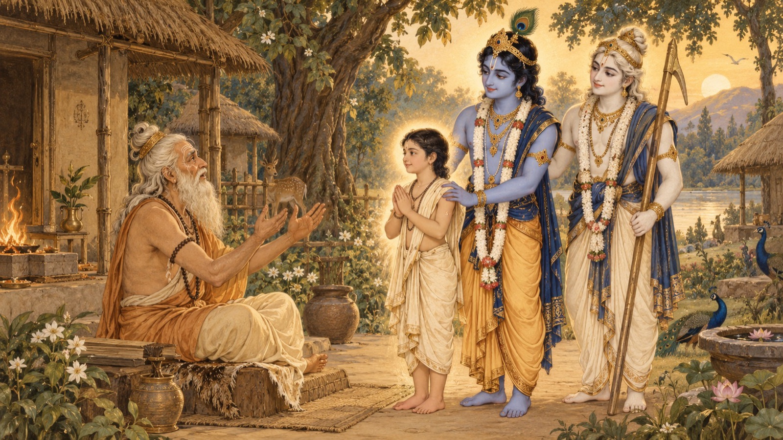 The Lord and Baladeva learning from the sage Sandipani and restoring his dead son to life as the guru's fee