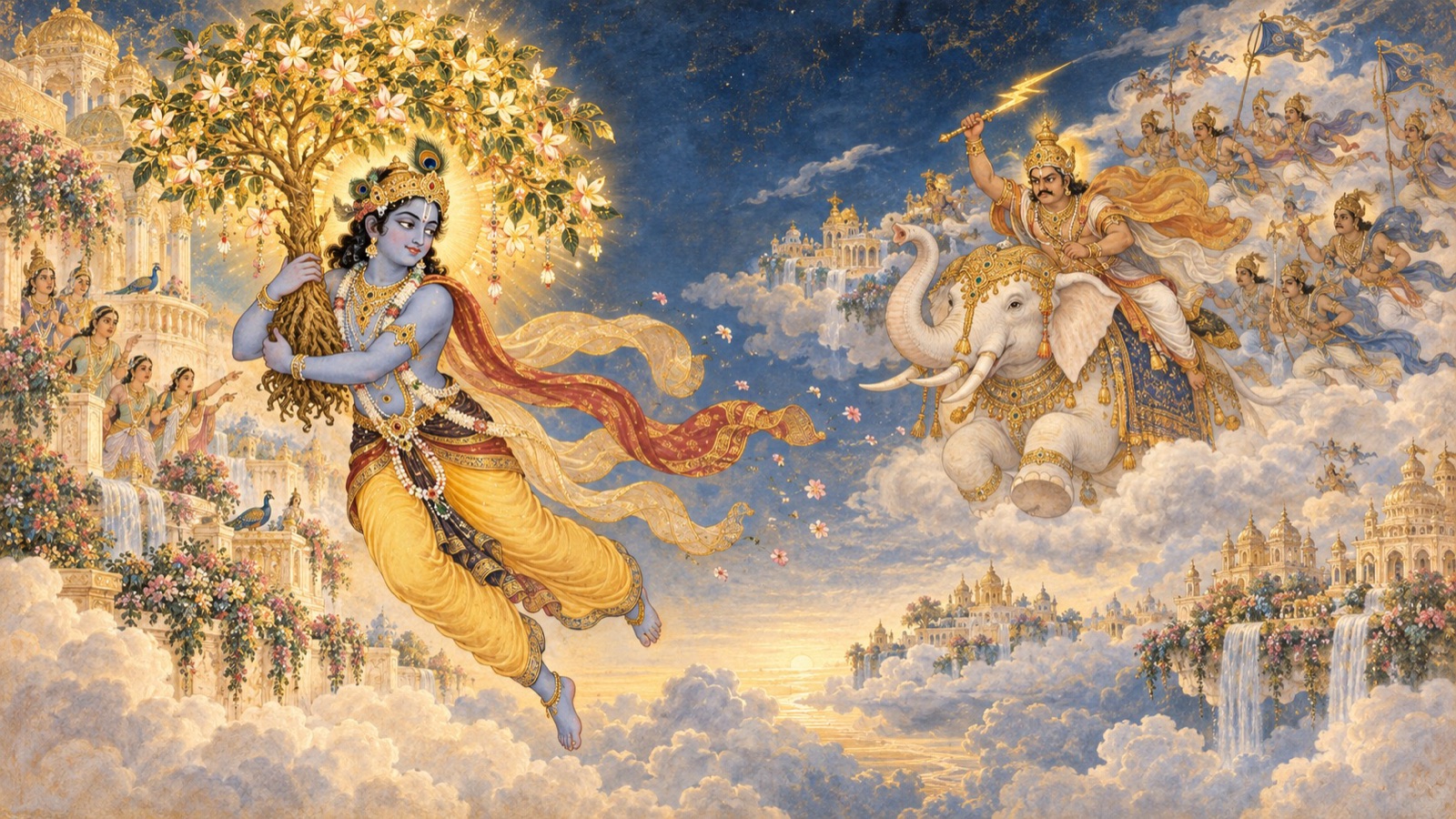 The Lord carrying away the celestial Parijata tree from Indra's paradise as the thunder-god pursues in fury