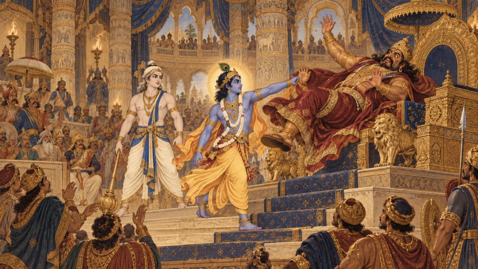 The Lord Sri Krishna, accompanied by Baladeva, throwing down the tyrant Kamsa from his high seat in Mathura