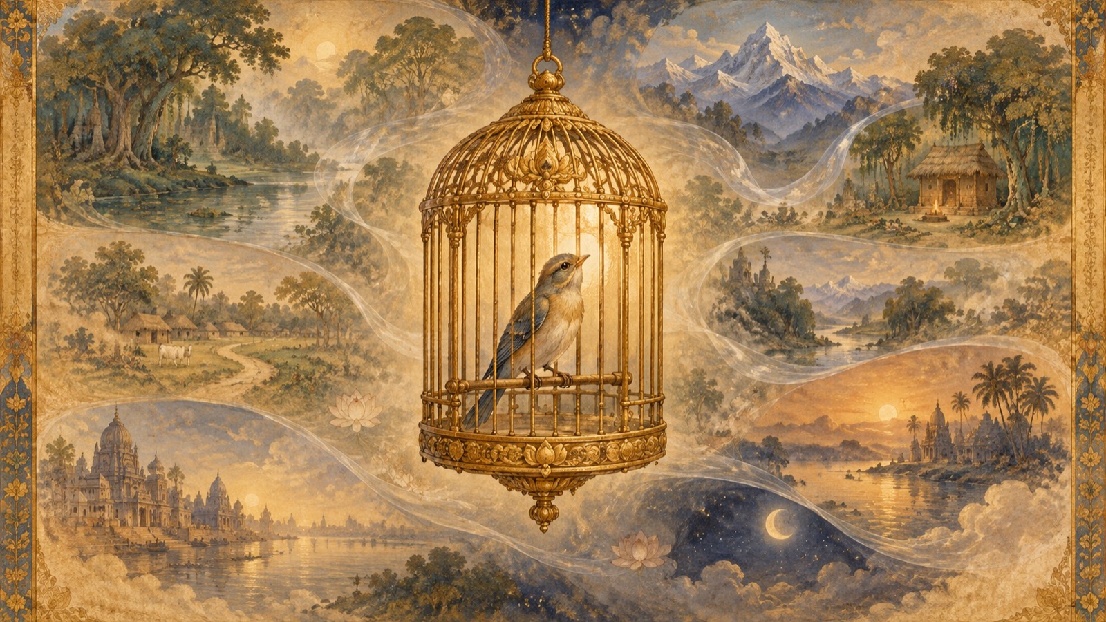 A soul confined in the womb like a bird unable to move within a cage, its memory awakening to hundreds of past lives