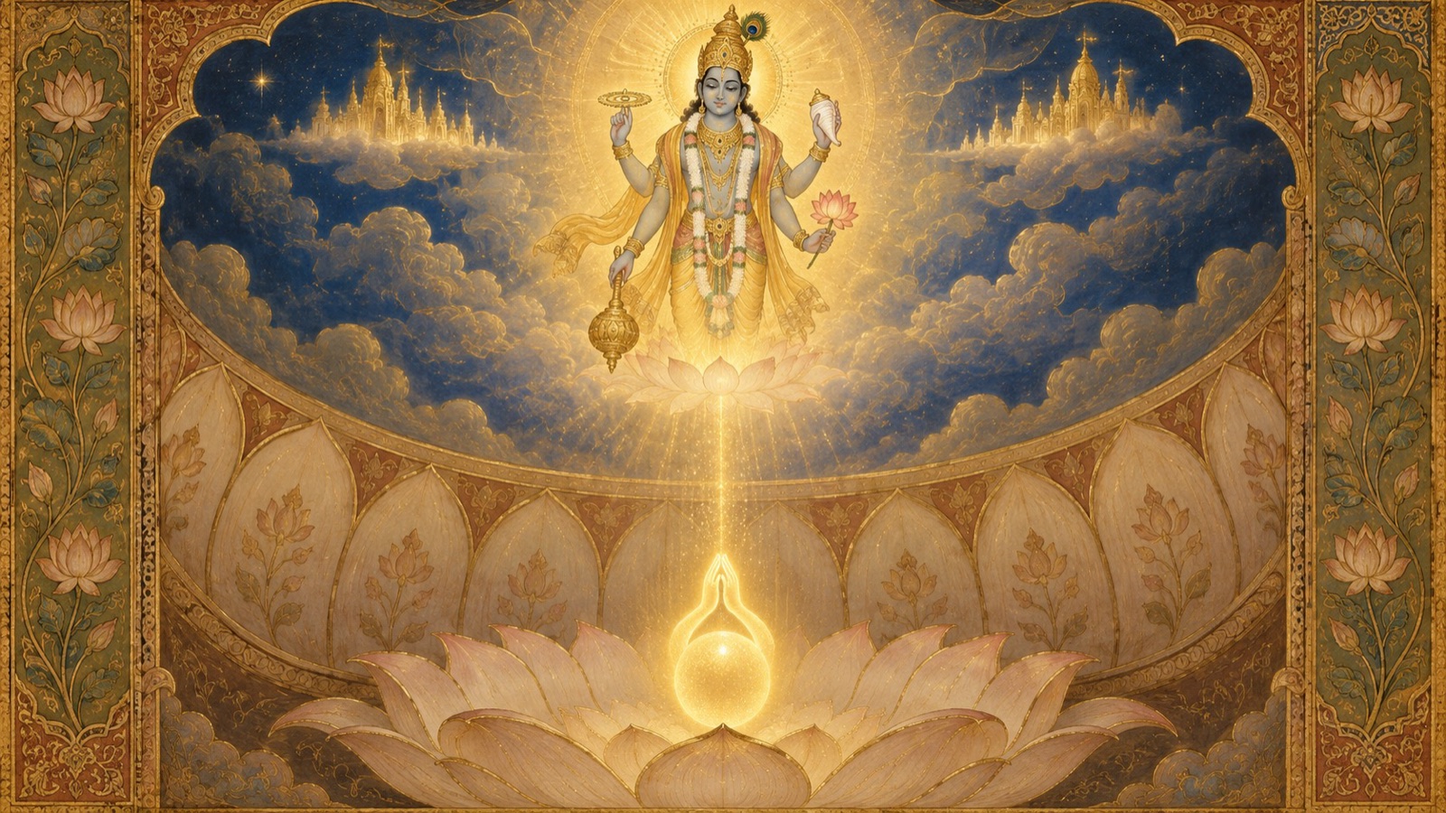 The soul within the womb, luminous and reverent, praying with joined palms toward the Divine