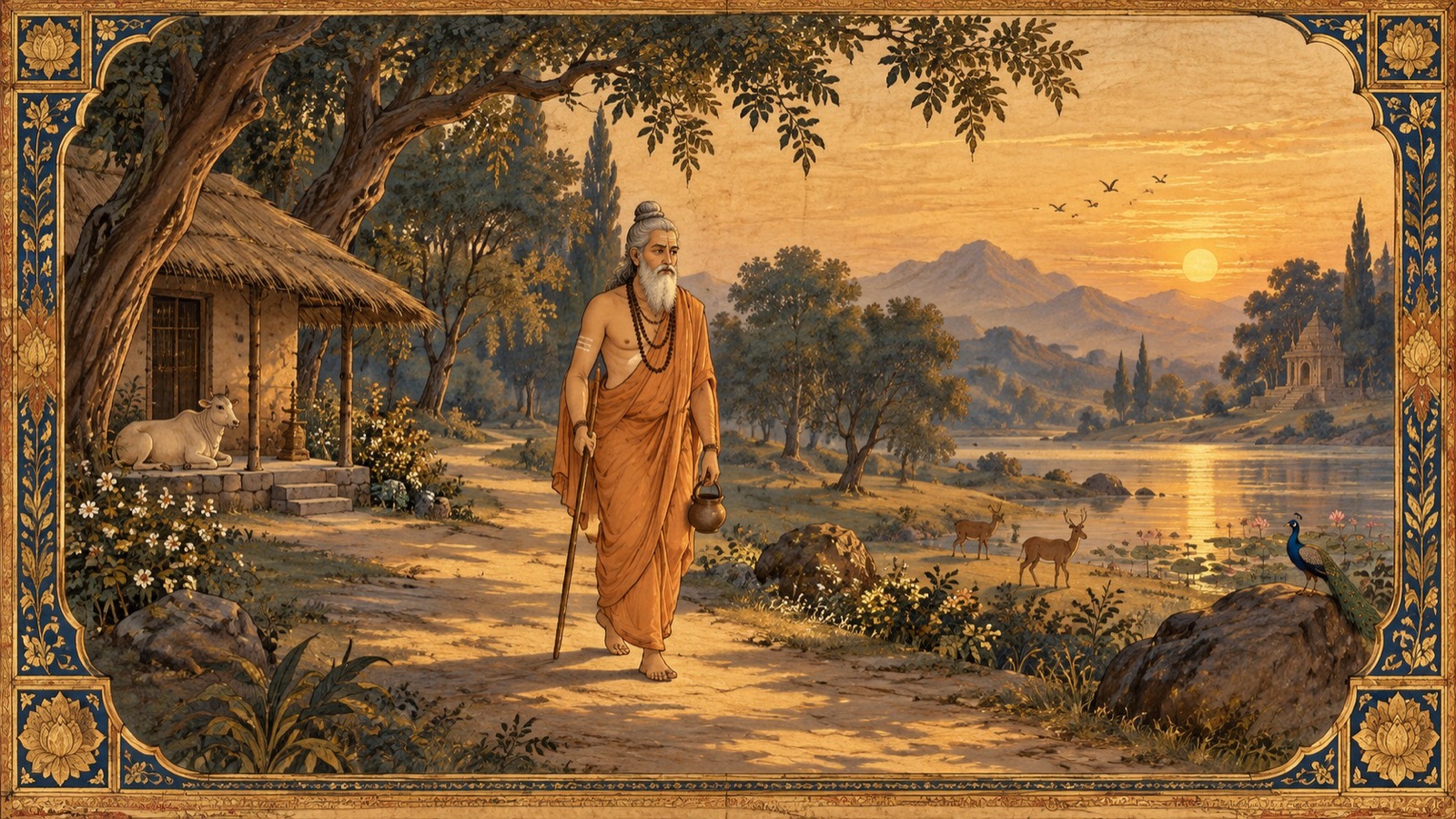 A serene sage figure walking through the world unattached, symbolizing dispassion toward both death and life