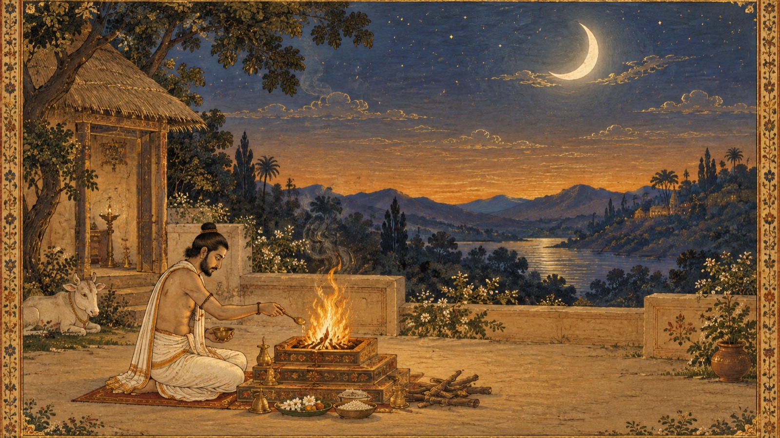 The householder who performs sacrifices to the gods and the manes for the sake of wealth and sense-pleasure attains the moon-realm and its Soma-nectar, but must return to this mortal world once that store of merit is exhausted