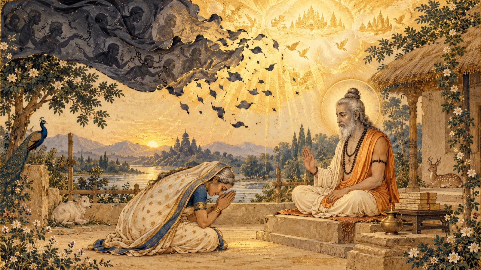 जब देवहूति ने कपिल की पूर्ण हो चुकी शिक्षा सुनी, तब उनके अज्ञान का आवरण फट गया; उन्होंने उन्हें प्रणाम किया तथा अपना स्तोत्र आरम्भ किया