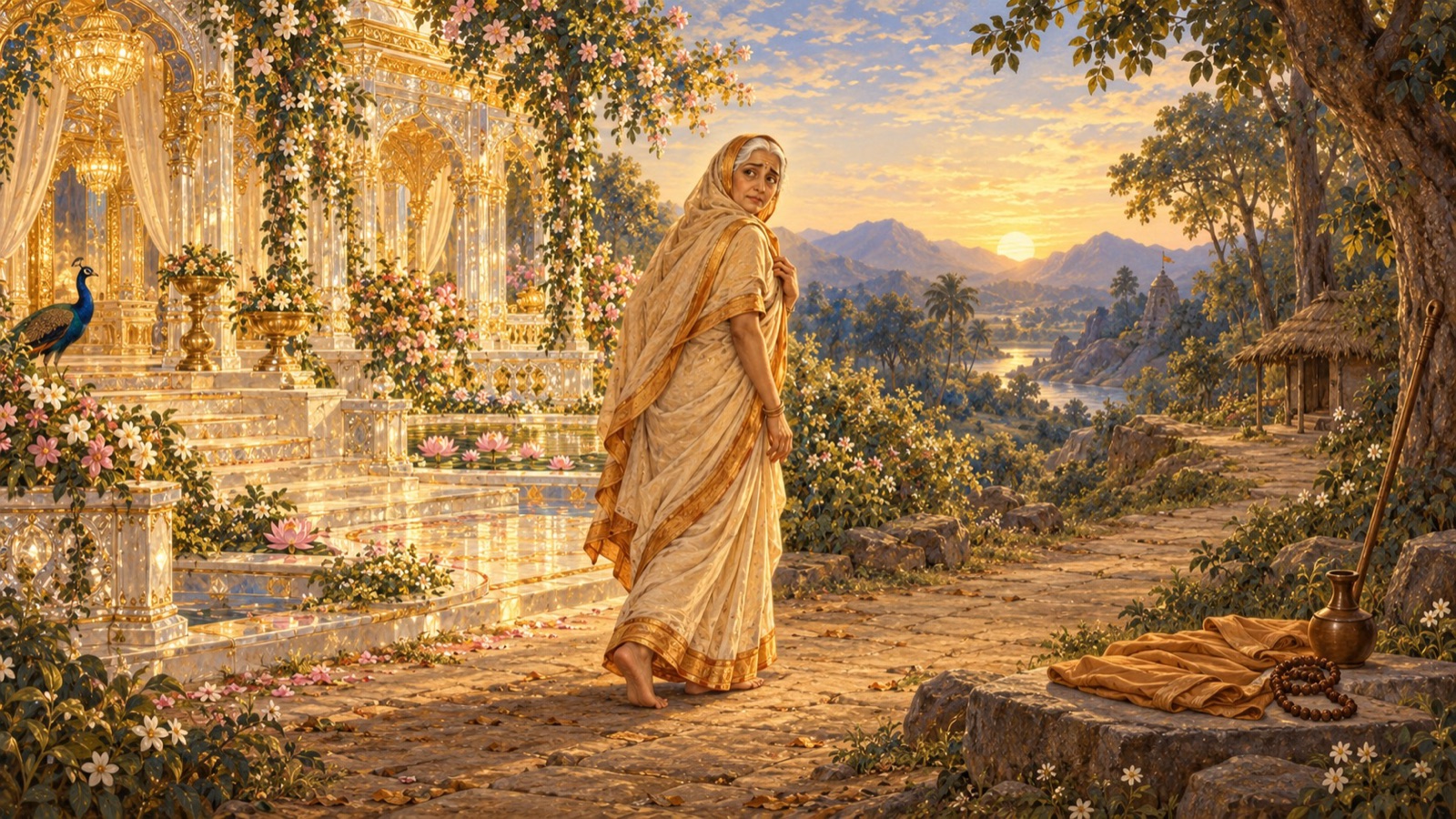 देवहूति कर्दम के रत्न-जड़ित घर तथा उद्यान के दिव्य वैभव का त्याग करती हैं, जिसे देवता भी लालायित करते थे, फिर भी उनका मुख उदास भाव धारण करता है, उस पुत्र के लिए जिसे वे अब नहीं देख सकतीं
