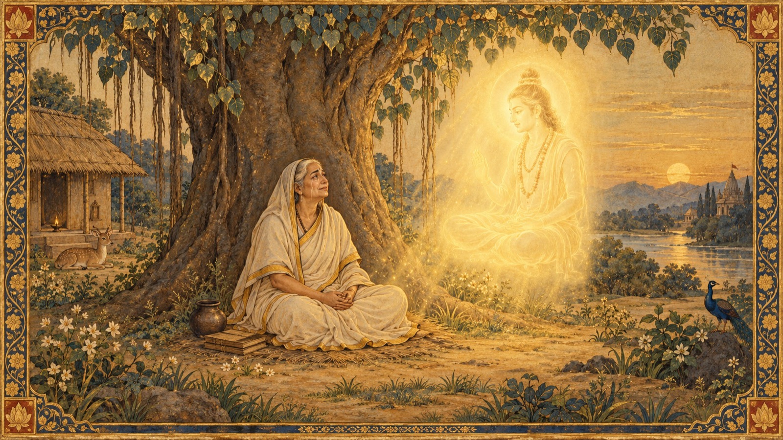 अपने पुत्र की अनुपस्थिति पर एक माता का शोक, जिसकी तुलना अपने बछड़े के लिए शोक करती गाय से की गई है, उस भगवान् के रूप के अटूट ध्यान में रूपान्तरित हो जाता है, जिन्हें उन्होंने बालक के रूप में पाला था