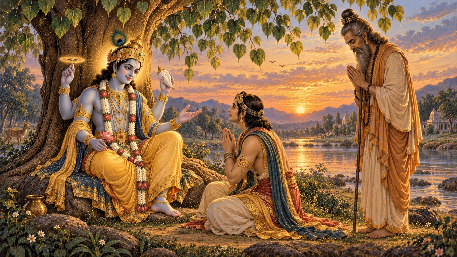 The Lord speaking tenderly to Uddhava beneath the peepul tree while the sage Maitreya listens nearby