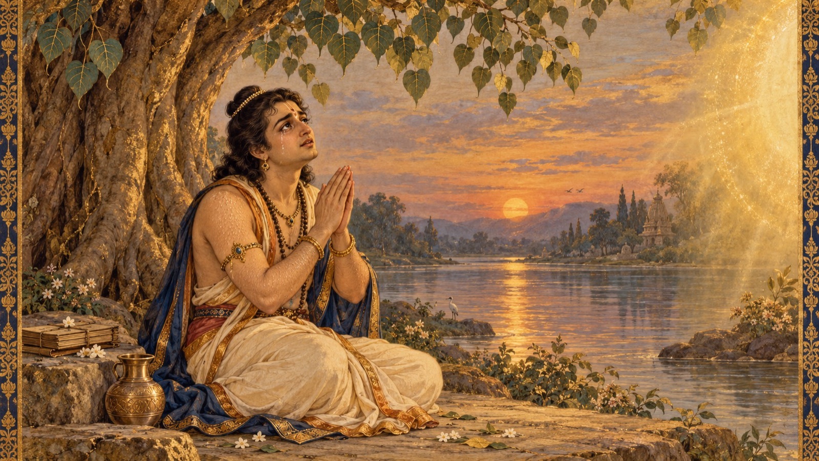 Uddhava with joined palms, faltering voice and tears, questioning the Lord's paradoxes