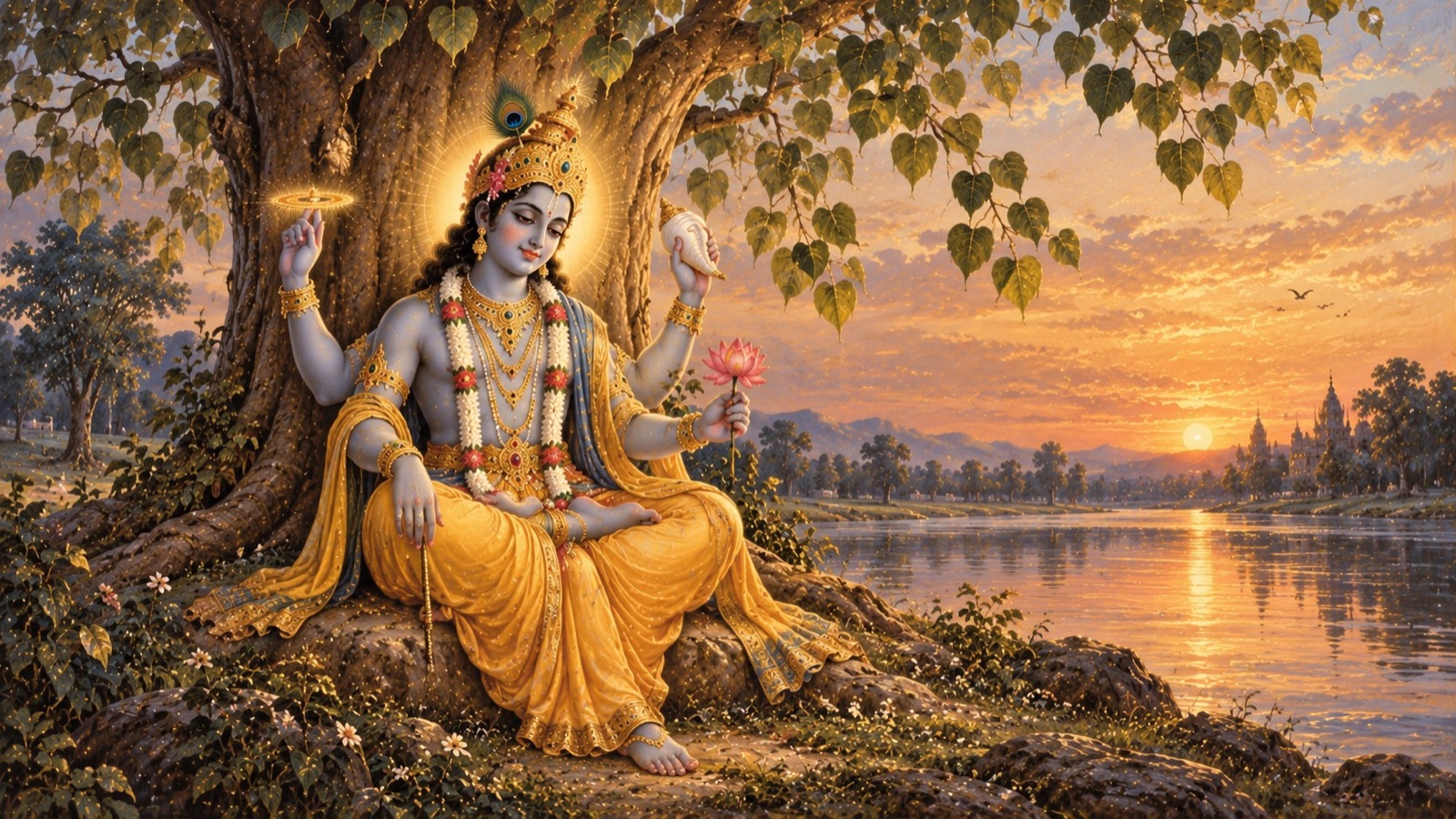 The Lord seated alone in radiant stillness beneath a peepul tree on the bank of the river Saraswati