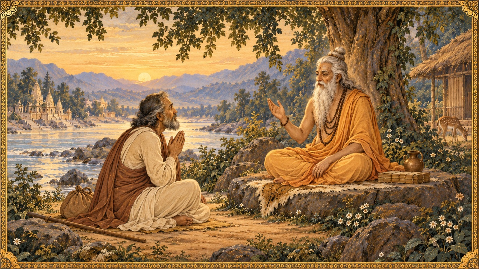 शोकाकुल और खोजते हुए विदुर, ऋषि मैत्रेय से पूछते हैं कि व्यथित आत्मा स्थायी सुख कैसे पाए