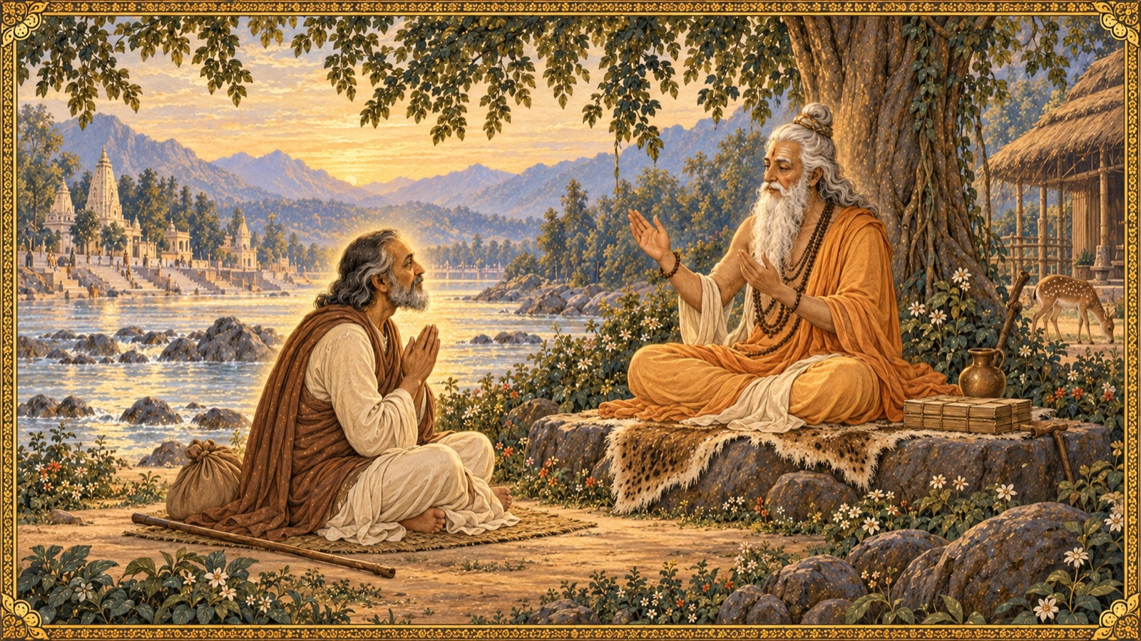 The sage Maitreya honouring Vidura and revealing that he is the deity Yama born through a sage's curse
