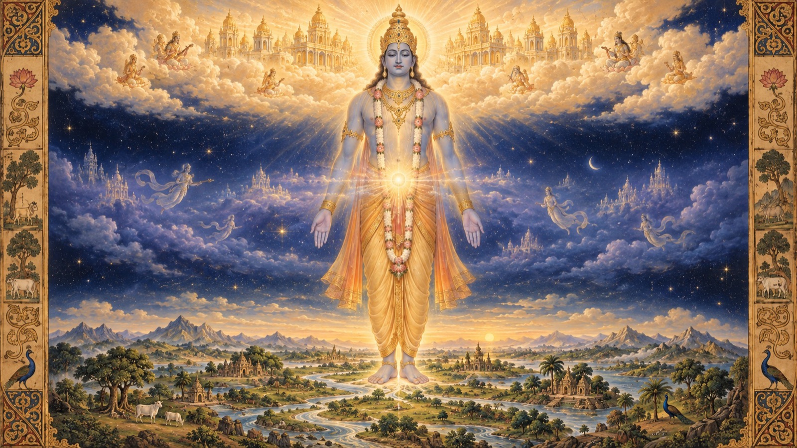 विराट पुरुष के शीश, चरणों तथा नाभि से स्वर्ग, पृथ्वी तथा आकाश उत्पन्न होते हैं