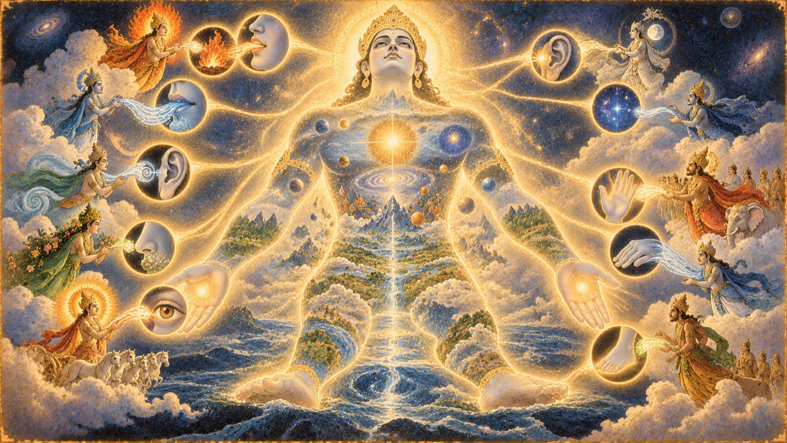 The sense-organs of the Cosmic Being appearing one by one, each entered by its presiding deity such as Agni, Varuna, Indra and Vishnu