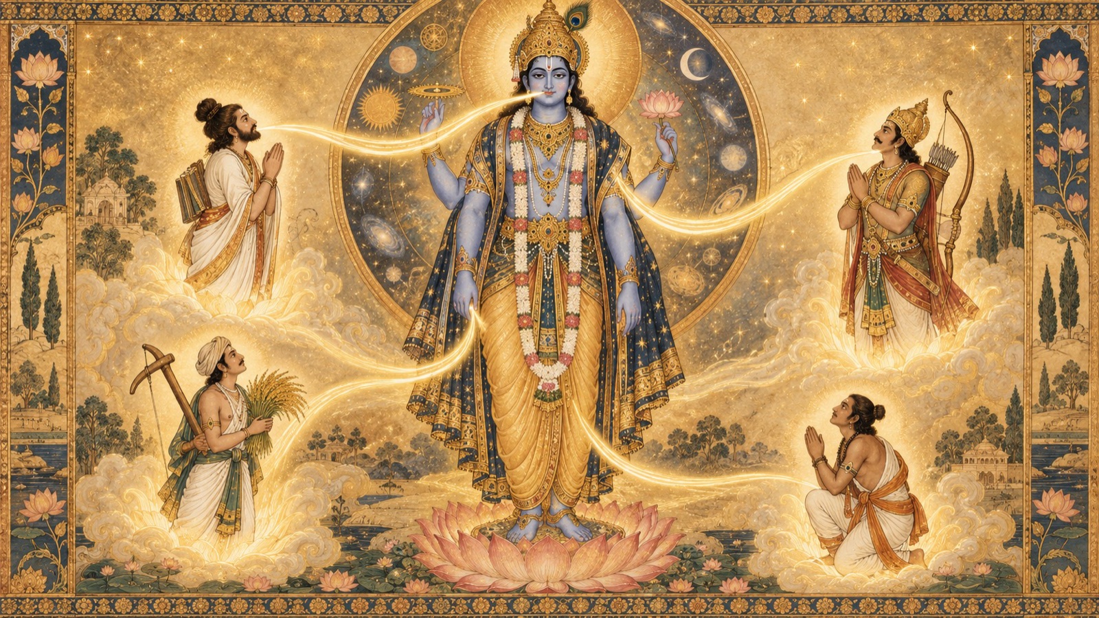 The Brahmana, Kshatriya, Vaishya and Shudra emanating from the mouth, arms, thighs and feet of the Cosmic Being