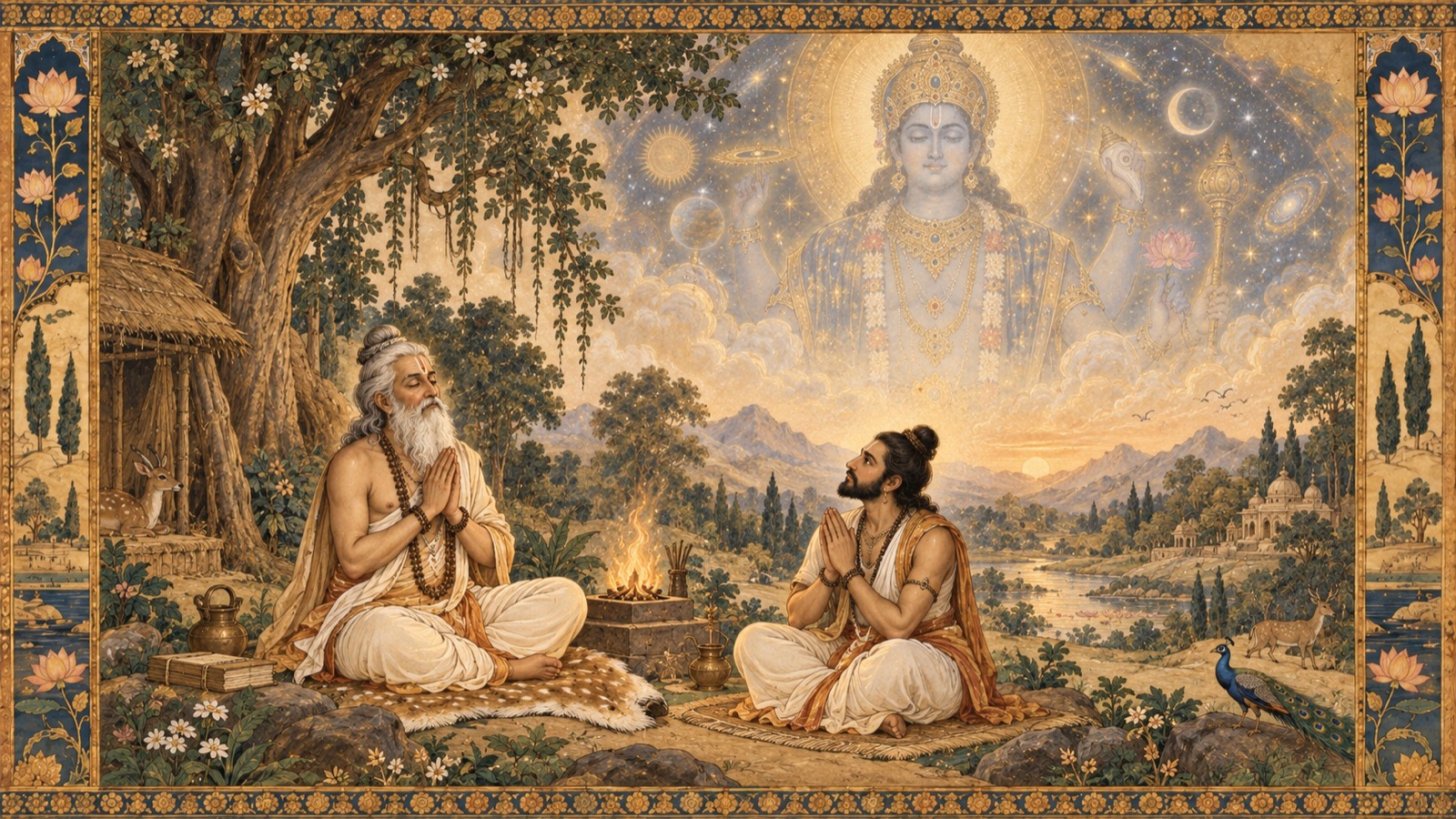 The sage Maitreya bowing in humility and wonder before the Cosmic Body he has just described to Vidura