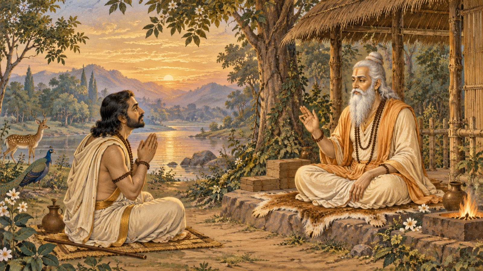 ऋषि विदुर वन-आश्रम में ऋषि मैत्रेय के समक्ष श्रद्धापूर्वक बैठकर भगवान् तथा आत्मा के स्वरूप के विषय में प्रश्न करते हुए