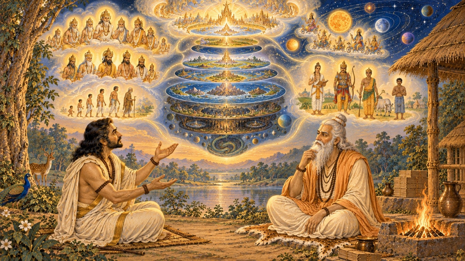 Vidura asking Maitreya about the Cosmic Being, the Prajapatis, and the fourteen Manus amid a vision of the created worlds