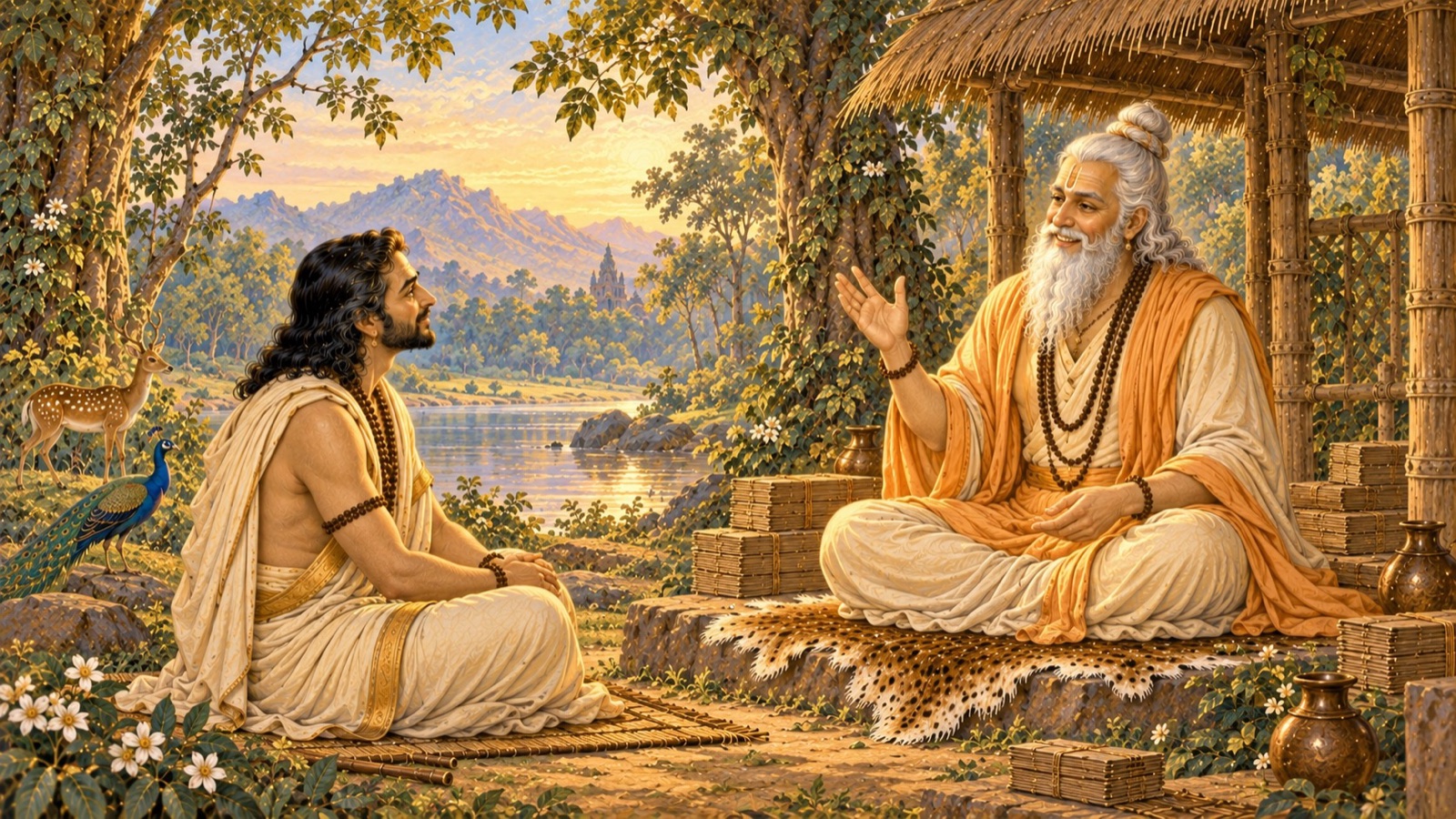 Maitreya smiling with delight, about to answer Vidura's many questions about the glories of the Lord