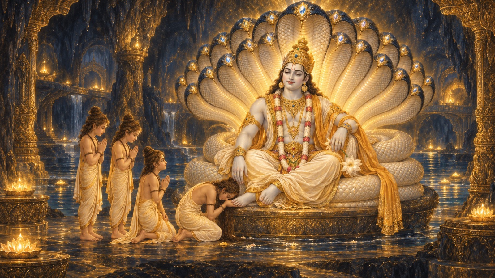 Sanatkumara and the sage-boys questioning Lord Sankarsana in the subterranean region of Patala