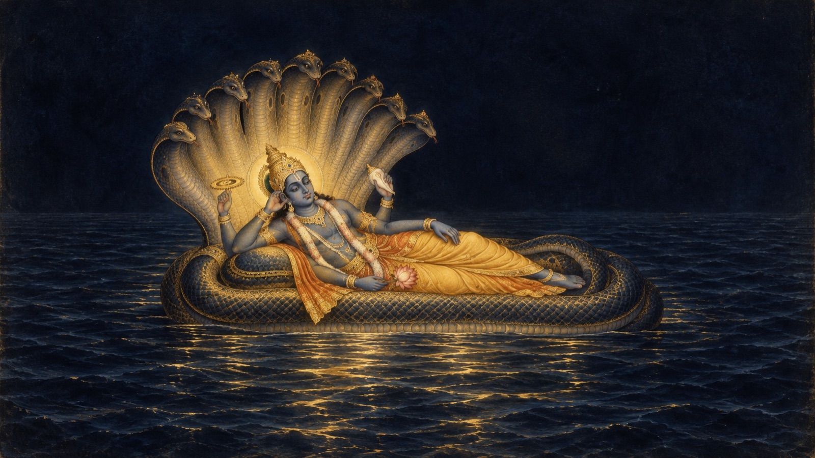 Lord Narayana reclining in mystic slumber on the serpent-couch of Sesa upon the causal waters